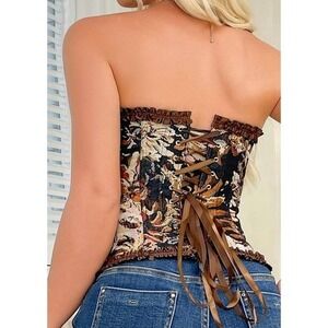 Floral Tapestry Corset Top Brown Jacquard Lace Up Boned Bustier Ruffle Trim